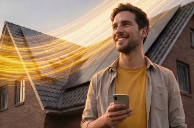  Dekoratives Bild. Ein lächelnder Mann mit Handy in der Hand. Im Hintergrund ein Haus mit Solaranlage auf dem Dach.